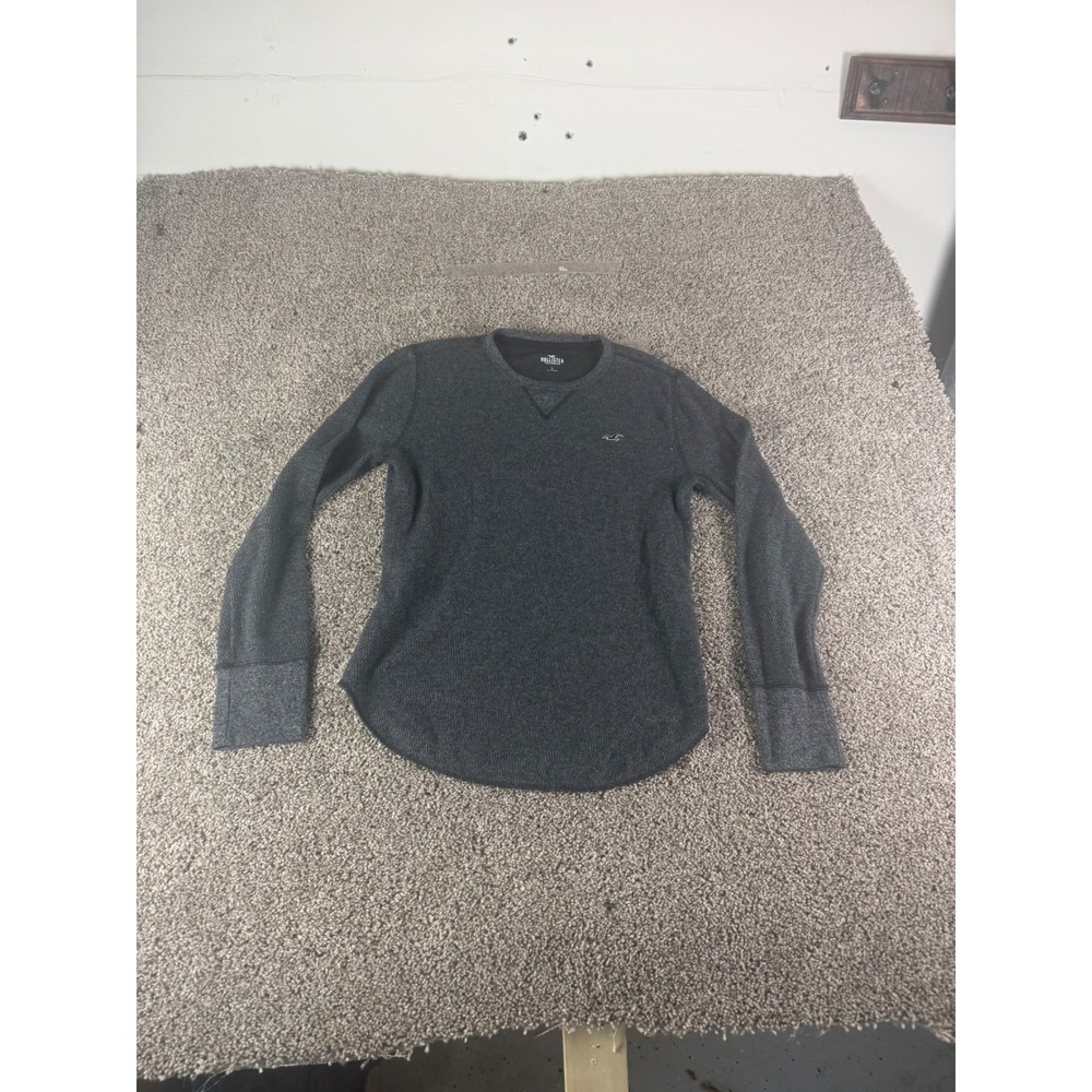 Hollister Mens Small Gray Waffle Knit Thermal Long Sleeve Shirt Crew Neck Logo